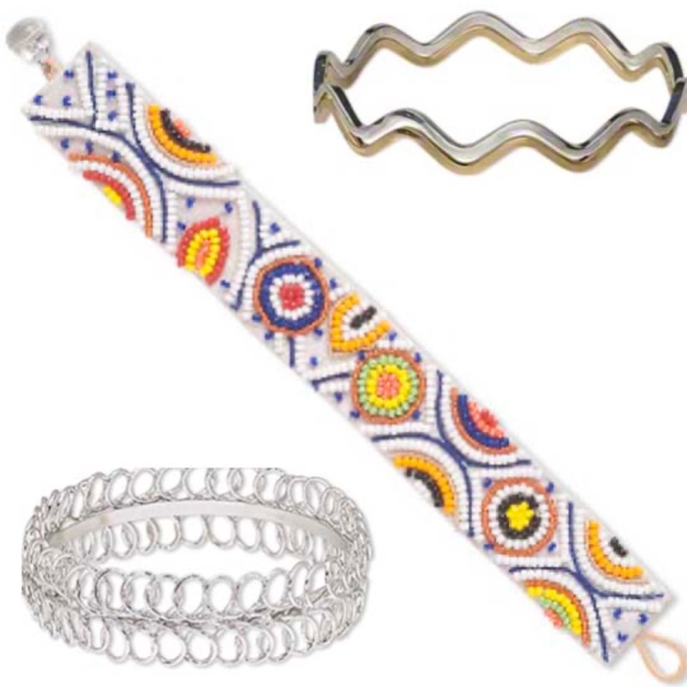 3 BRACELETS, SHINY STEEL LATTICE PATTERN 2 ½ INCHES WIDE, WOVEN SEED BEADS, SHIN